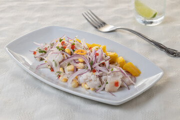 Ceviche, typical fish-based dish of Peruvian cuisine, presented in a rectangular plate on white background.