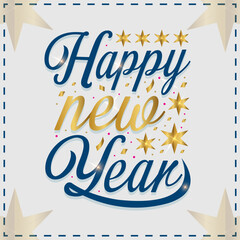 Happy New Year. Festive holyday decorative elements handwritten lettering typography line design sparkle firework gold white blue year background