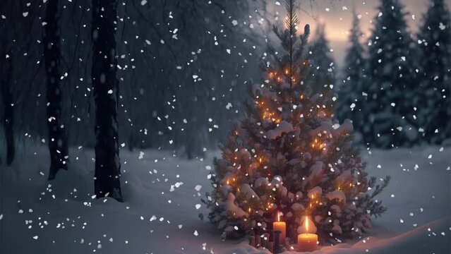 Christmas tree with candle in the middle of forest in the snow
