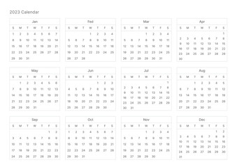This is a simple, minimalist style annual planner with a year 12 month calendar for 2023. Note, scheduler, diary, calendar planner document template illustration.