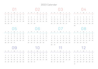 This is a simple, minimalist style annual planner with a year 12 month calendar for 2023. Note, scheduler, diary, calendar planner document template illustration.