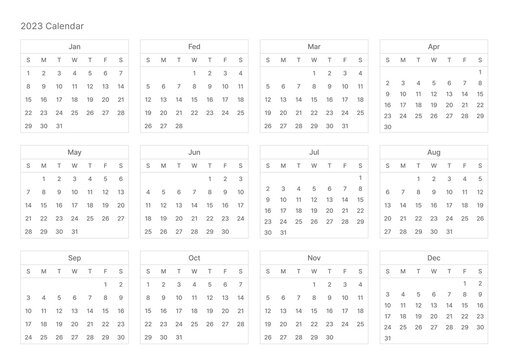 This is a simple, minimalist style annual planner with a year 12 month calendar for 2023. Note, scheduler, diary, calendar planner document template illustration.
