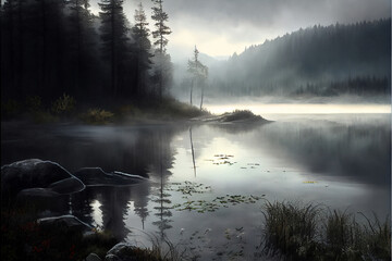 Fototapeta na wymiar misty morning on the river. Designed using Generative AI.