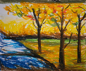 Naklejka na ściany i meble Landscape autumn in the mountains. The water surface of the mountain river, yellowing autumn trees. Oil pastel hand drawn in the Carpathian mountains