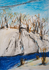 Winter landscape in vertical format. Snow-covered slope trees without foliage and mountain river. Stylized composition on the theme of the new year and Christmas. Oil pastel hand drawn