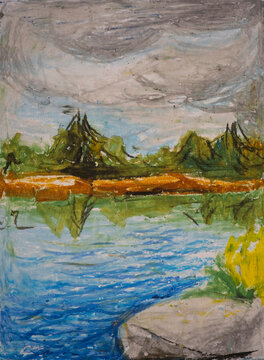 Landscape autumn in the mountains. The water surface of the lake against the backdrop of autumn trees under lead clouds. Oil pastel hand drawn in the Carpathian mountains © Julia