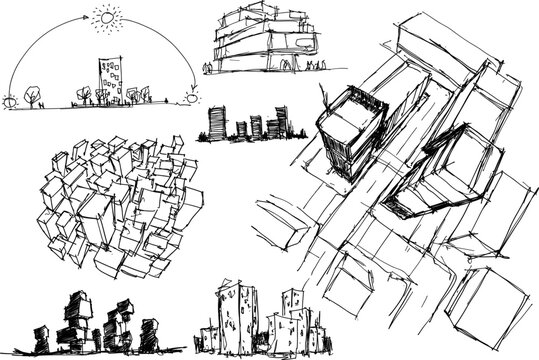 many hand drawn architectectural sketches of a modern architecture and urban ideas, buildings and people