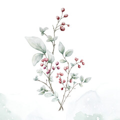 Watercolor berries branches on stain background