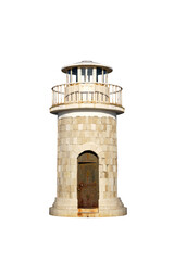 Lighthouse tower isolate. Stone ancient lighthouse for a seaport or shore on an empty white...