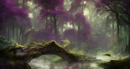 Ai Digital Illustration Mystical Fantasy Purple Forest With a Bridge