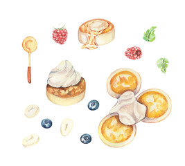 Watercolor food illustration. Cake set. Sweet breakfast.Cheesecakes with berries, honey, butter, cream. Morning routine. Design for cuisine, menu, recipe.