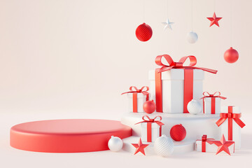 3d rendering christmas and new year background with gift box, ball,star and podium - 552988783