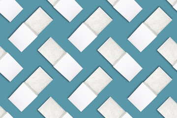 Seamless pattern with Opened gift boxes with shredded paper on blue background. White paper box with decorative straws fillers for your product placement