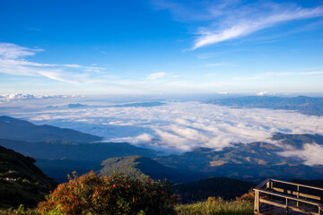 Beautiful misty sea view in the morning, large mountain ranges and sunlight , Kew Mae Pan Nature...