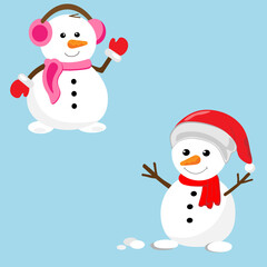 Set of two cartoon snowmen on sky blue background. Snowman and snowgirl. 