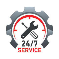 24/7 Service - Logo, Branding - Zahnrad, Schraubendreher, Gabelschlüssel