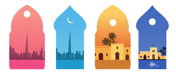 Arabic, Mediterranean or Moroccan style buildings viewed through oriental window shapes, isolated on white background - obrazy, fototapety, plakaty