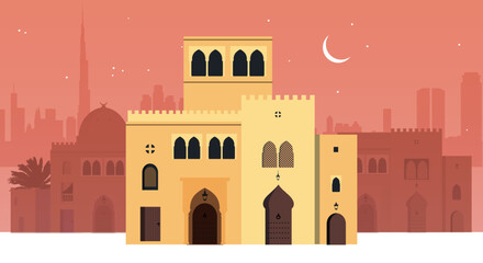 Arabic, Moroccan or Mediterranean style buildings. Skyline big city of arab emirates under the moon. - obrazy, fototapety, plakaty