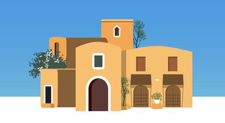 Mediterranean style buildings isolated on blue sky. Traditional architecture.