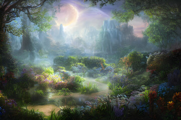 Obraz na płótnie Canvas Ai Digital Illustration Magical Mystical Glowing Forest