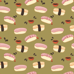 Food seamless pattern with sushi, salmon, shrimp, tofu, egg, soy sauce on a green background.