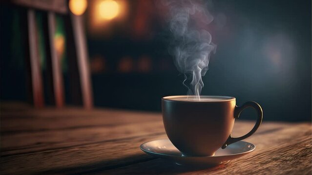 Cup with steam on a wooden table 
