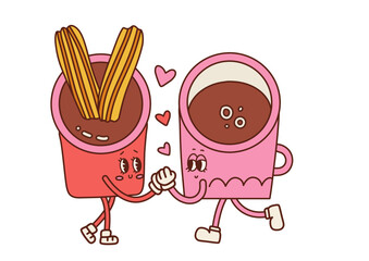 Hot chocolate with churros anf coffee cup characters in love. Valentine's Day card retro cartoon mascots. Sweet latin American Food couple. Vector contour illustration.