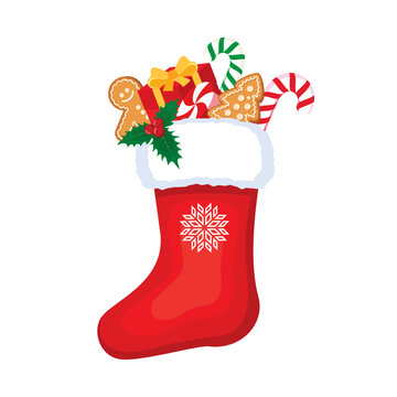 Red christmas stocking with gifts and candy icon vector. Full red christmas sock with snowflake graphic design element isolated on a white background