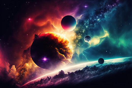 Abstract cosmic background. Colorful background with planets and stars. Colorful space illustration. Generative AI