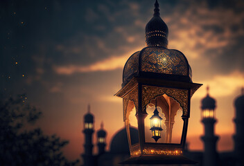 Fototapeta na wymiar Illuminated lamp of Ramadan Kareem. Lantern with serene mosque background. Evening sky. Generative AI