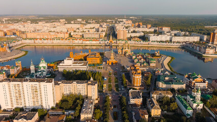Yoshkar-Ola, Russia. Annunciation tower. Boulevard Chavaina. City Center During Sunset, Aerial View