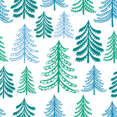 Conifers forest seamless pattern, fir-tree background