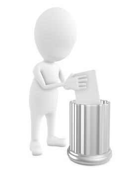 3d white character putting waste in a waste bin