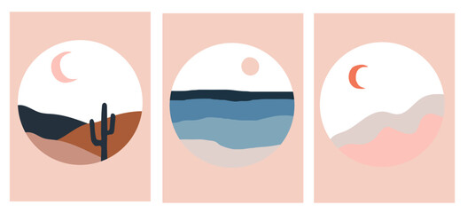 collection of modern simple minimalist abstract illustrations: mountains, hills, sea, beach, sun and moon on a colored background