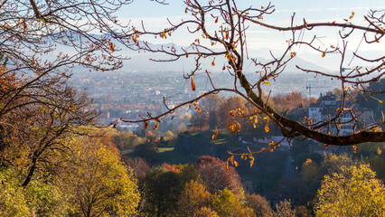 Bergamo old town with autumn colored tree leaves and sun