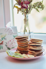 Breakfast with pancakes and fruit