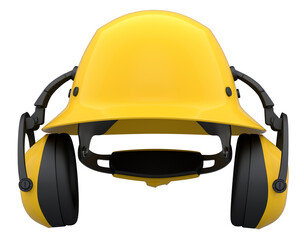Yellow safety helmet or hard cap and earphones muffs on wihte background
