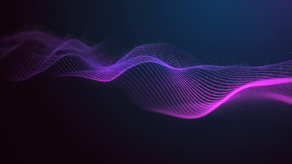 Futuristic musical wave of purple lines. Digital data flow. The concept of big data. Network connection. Cybernetics and technology. Abstract dark background. 3d rendering.