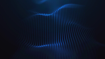 Futuristic wave of blue lines. Digital data flow. The concept of big data. Network connection. Cybernetics and technology. Abstract dark background. 3d rendering.
