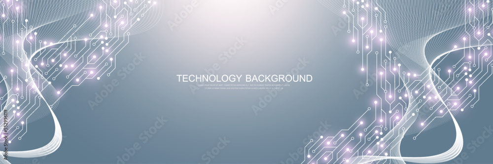 Leinwandbilder Quantum computing concept. Motherboard computer generated abstract background. Deep learning artificial intelligence. Big data algorithms visualization. Vector illustration