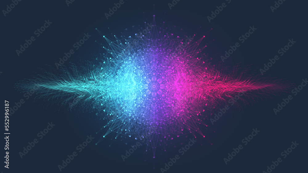 Poster Quantum computing concept. Deep learning artificial intelligence. Big data algorithms visualization for business, science presentations, posters, covers, vector illustration.