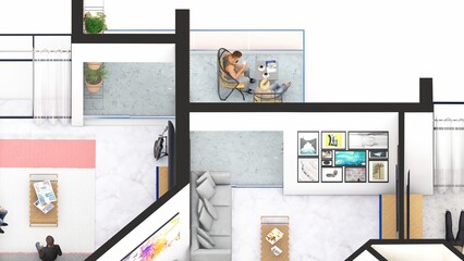 Isometric Blow up of an apartment interior showing family spaces and terrace