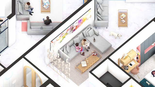 Isometric Blow up of an apartment interior showing living room and family spaces