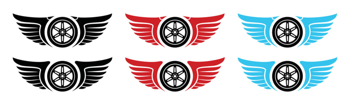 Car wheels rims with wings icon vector. Vehicle wheels and wings of freedom logo design, symbol illustration