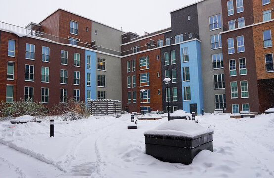 Apartments building in Noblessner district during winter time with a lot of white snow. Tallinn, Estonia, Europe. Dcember 2022