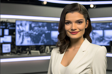 News anchor in the TV Studio . Beautiful girl reading the news AI generated  - obrazy, fototapety, plakaty