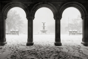 Black & White view of the Bethesda Fountain in Central Park during a winter snowstorm. Manhattan,...