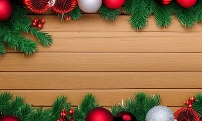Fototapeta na wymiar Christmas decoration border on wooden background with fir branches and cones