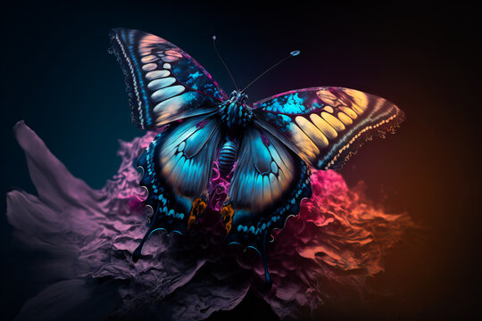 Fototapeta Beautiful  butterfly on a flower on a black background.  Image created with Generative AI technology.