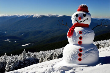 Obraz premium Snowman with red hat and scarf sitting on a snow bed with snow capped mountain landscape, Generative AI
